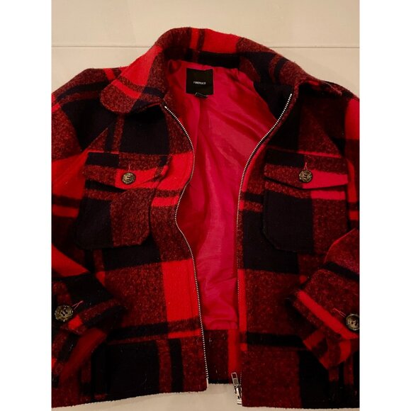 Plaid Wool Jacket, Size S, Red and Navy Short Jacket, Winter Coat - Picture 7 of 10